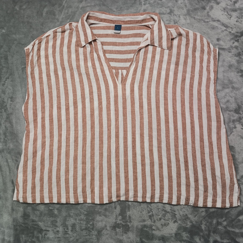 Old Navy Shirt Womens Large Brown White Striped Linen Blend V-Neck Short Sleeve
